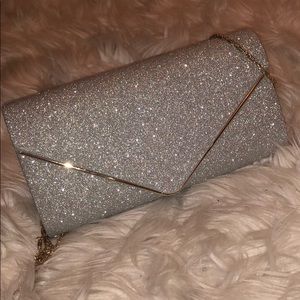 Silver Glitter Clutch with Gold Detachable Chain